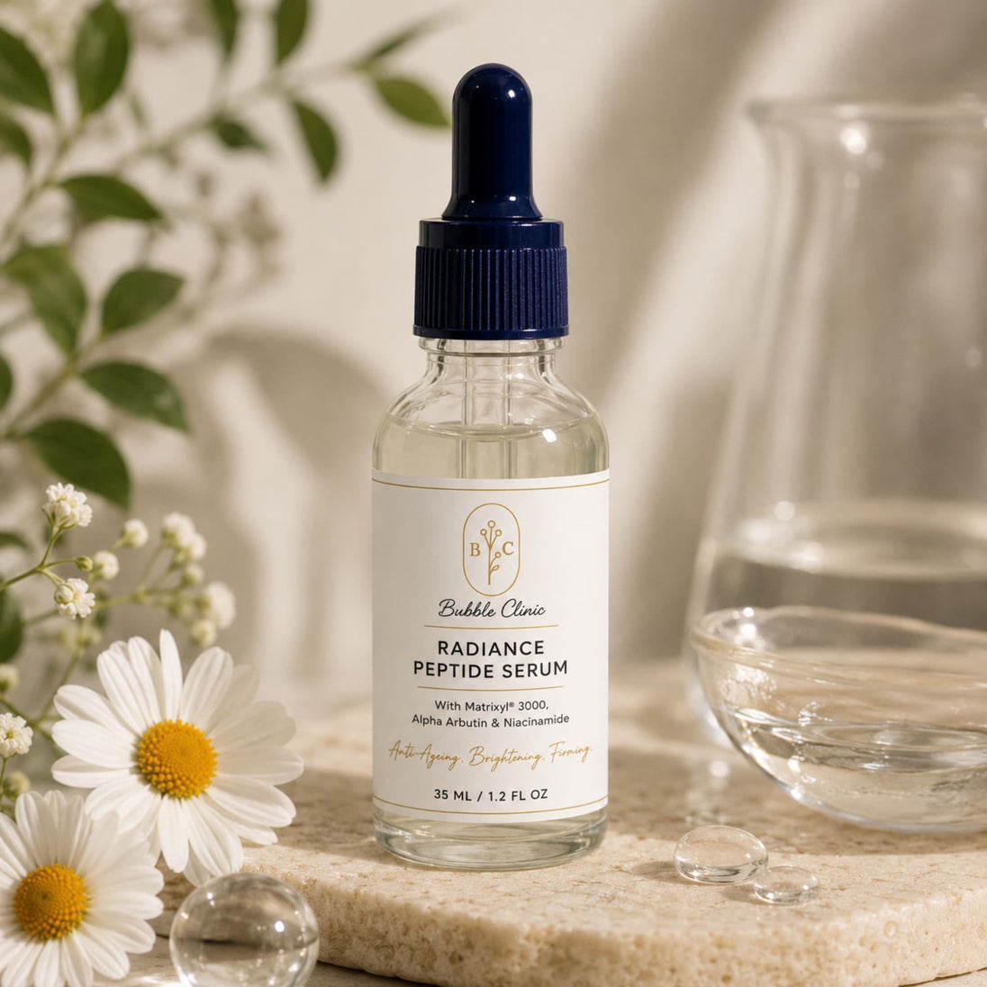 radiance boosting peptide serum with a dark blue dropper cap, styled on a stone surface with white daisies, and soft floral background elements representing best serum for mature skin.