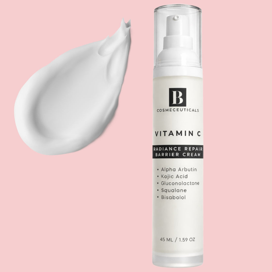 airless lotion bottle of vitamin c radiance repair barrier cream with swab of the lotion revealing light silky texture on a pink background.