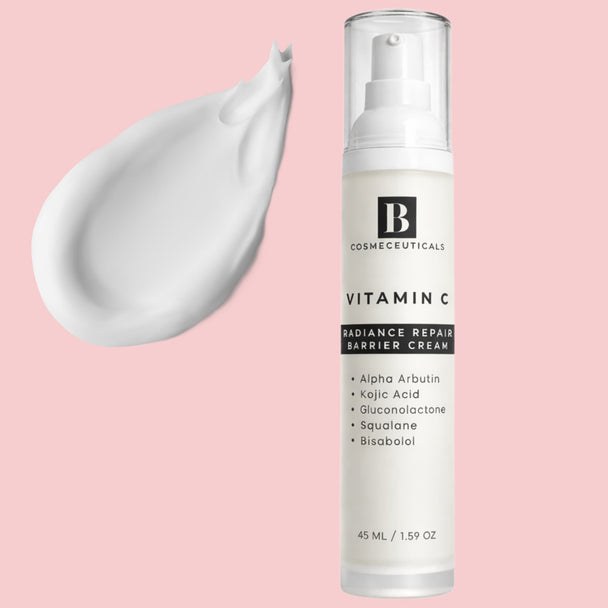 airless lotion bottle of vitamin c radiance repair barrier cream with swab of the lotion revealing light silky texture on a pink background.