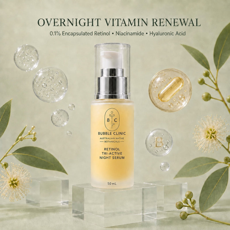 Bubble Clinic Retinol Tri-Active Night Serum with overnight vitamin renewal highlights including retinol, niacinamide and hyaluronic acid