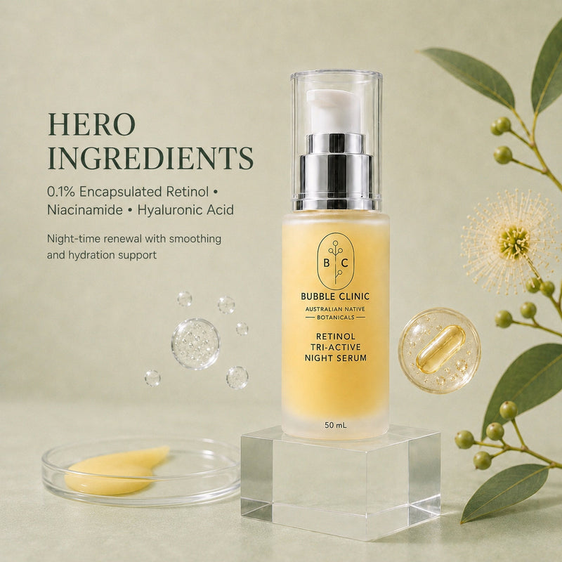 Bubble Clinic Retinol Tri-Active Night Serum with retinol, niacinamide and hyaluronic acid hero ingredient highlights