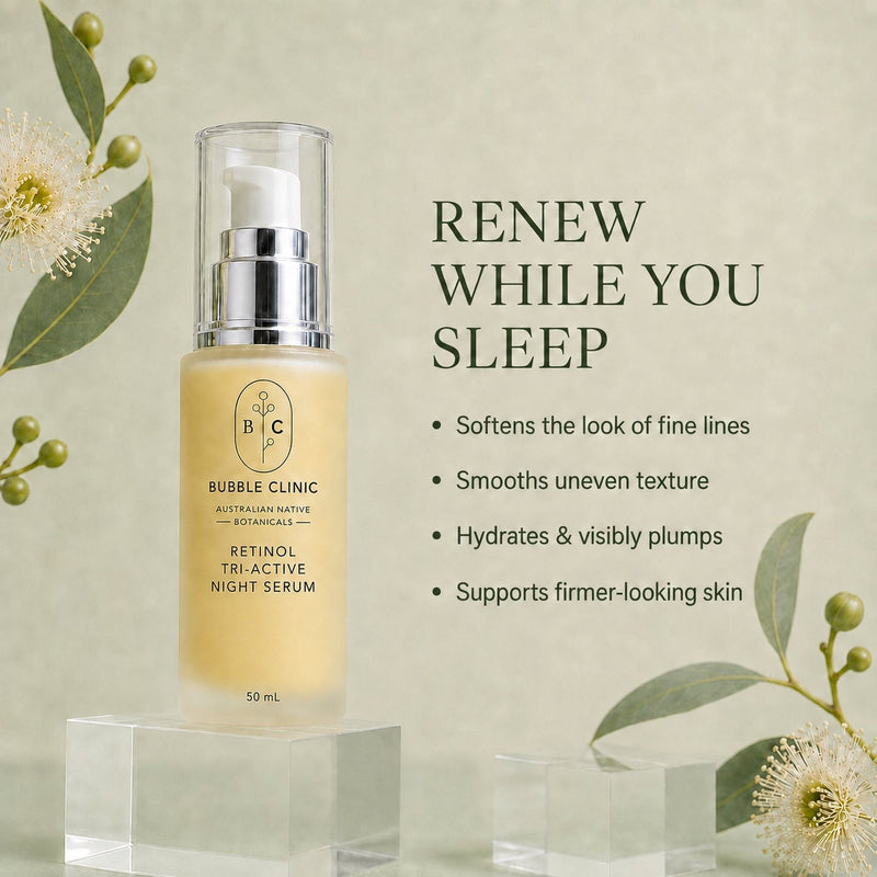 Bubble Clinic Retinol Tri-Active Night Serum key benefits for fine lines, uneven texture, hydration and firmer-looking skin