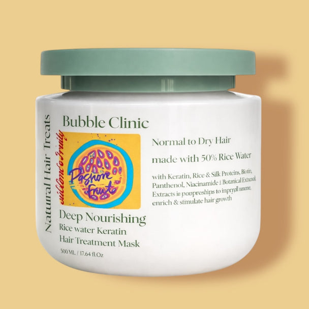 keratin, biotin, rice water conditioning hair mask jar with green lid on a yellow background representing best Australian made natural keratin and rice hair mask for hair growth.