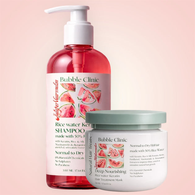 Bubble Clinic rice water keratin shampoo and hair mask on a pink  background representing best keratin shampoo with rice water for natural hair growth and shiny hair