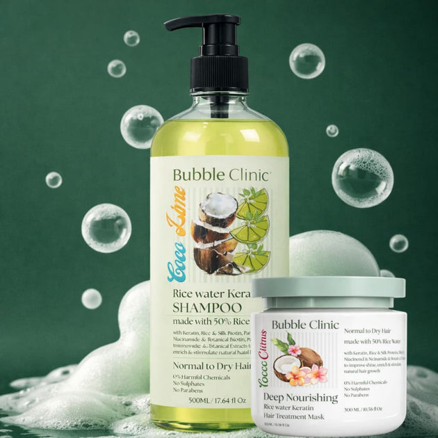 Bubble Clinic rice water and keratin shampoo and mask set for dry damaged and chemically treated hair bottles with bubbles on a green background