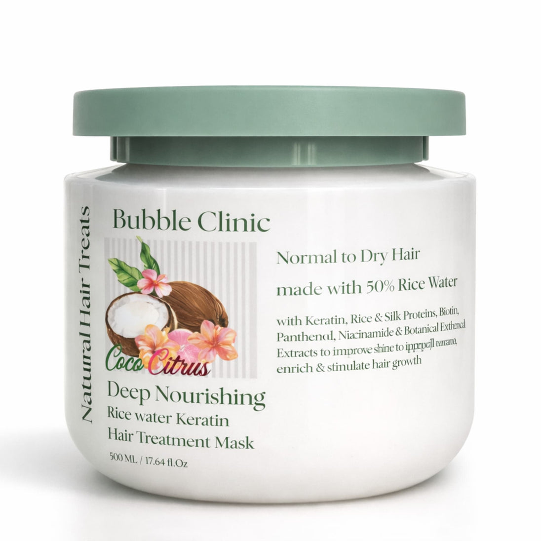 Jar of Bubble Clinic keratin and rice water hair conditioning mask on a white background representing best hair mask for damaged and chemically treated hair Australia.