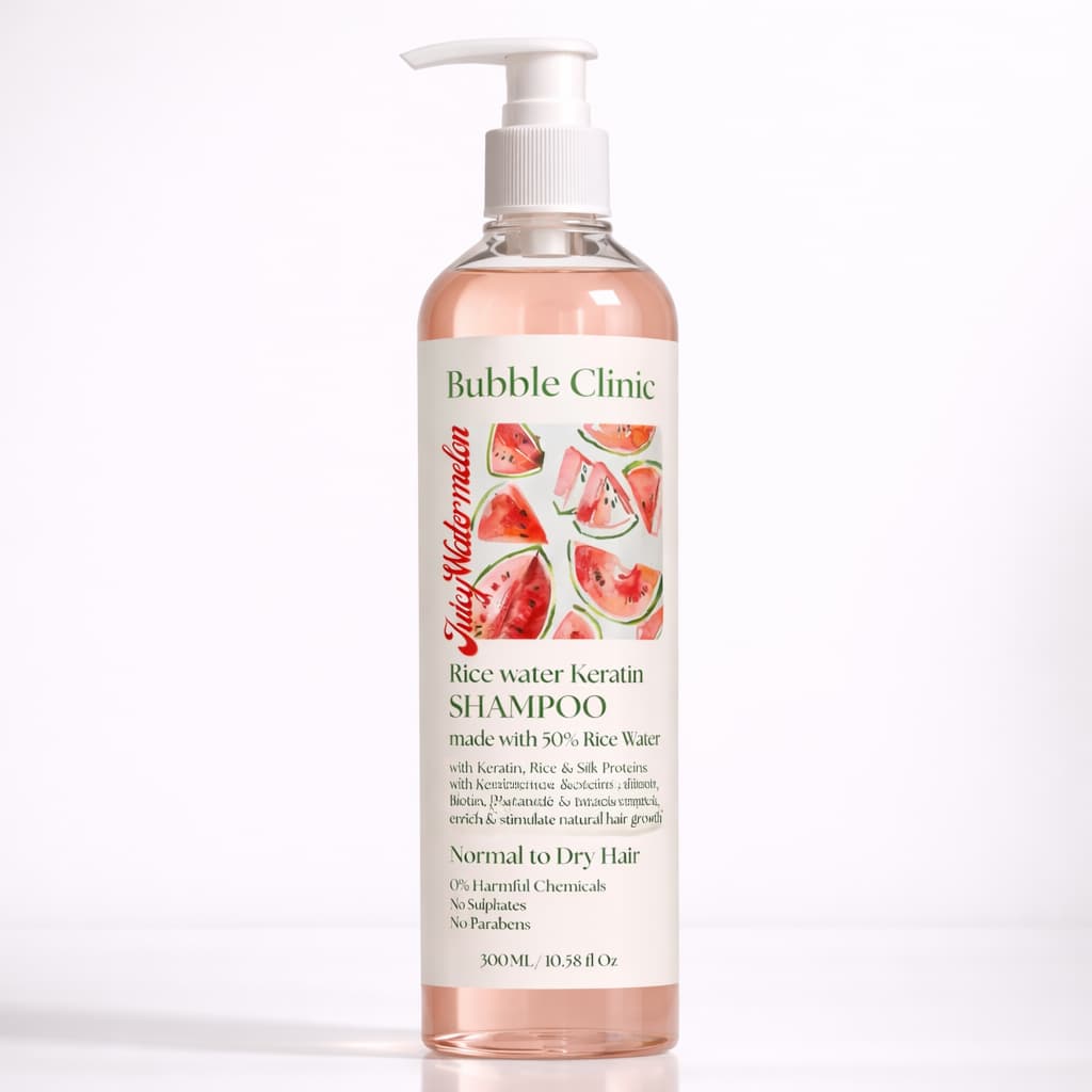 Bottle of Bubble Clinic sulfate free natural shampoo with rice water and keratin for longer nourished hair on a white background representing best natural sulphate free shampoo australain made