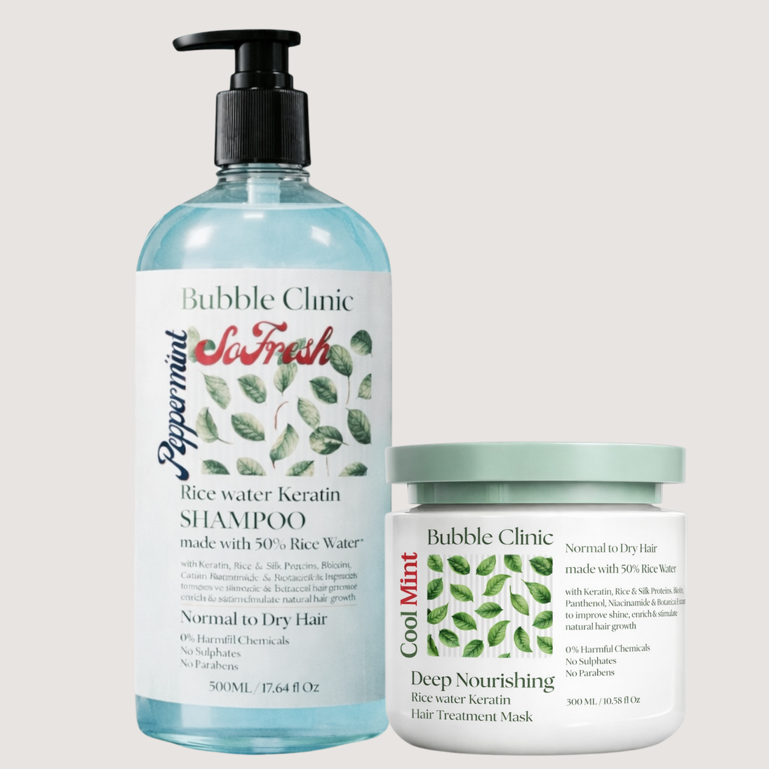 Bubble Clinic rice water and keratin botanical shampoo and hair mask on a white background - best australian natural, sulfate free haircare.