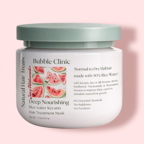 Jar of Bubble Clinic rice water, keratin, biotin hair treatment mask with watermelon slices on a pink background representing best hair mask for growth, shine and hair repair.