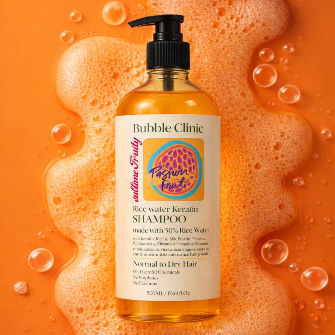 Bottle of Bubble Clinic shampoo rice water keratin shampoo with a colorful label on an orange background with bubbles representing Australian made haircare for damaged and chemically treated har. 