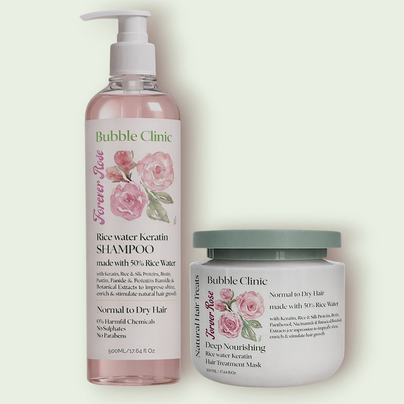 Rose Rice Water + Keratin Shampoo and Hair Mask set, 300 mL shampoo.