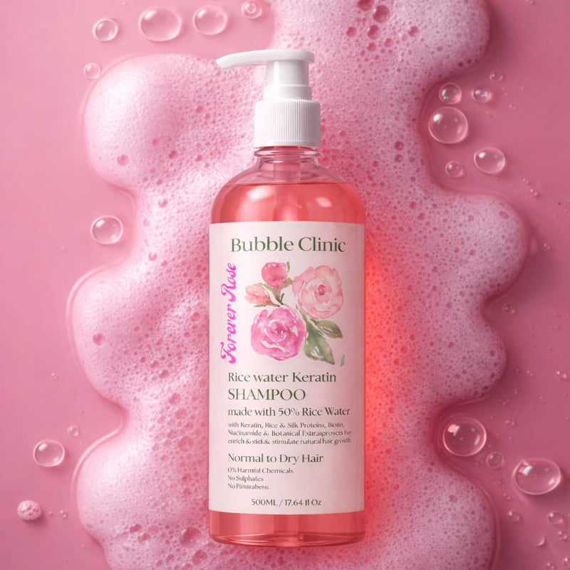 Rose Rice Water + Keratin Shampoo product view.
