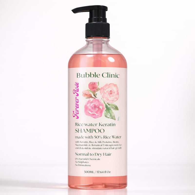 Rose Rice Water + Keratin Shampoo 500 mL bottle.