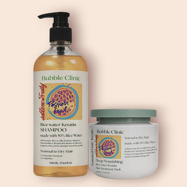 Bubble Clinic rice water keratin shampoo and hair conditioning treatment mask on a beige background representing best haircare for damaged and chemically treated hair Australia.