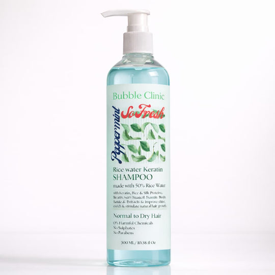 Bottle of Bubble Clinic Peppermint Rice Water Keratin Shampoo on a white background representing best ausralian made keratin rice water shampoo sulfate free.