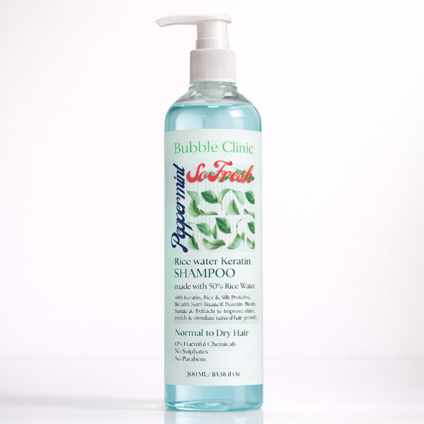 Bottle of Bubble Clinic Peppermint Rice Water Keratin Shampoo on a white background representing best ausralian made keratin rice water shampoo sulfate free.