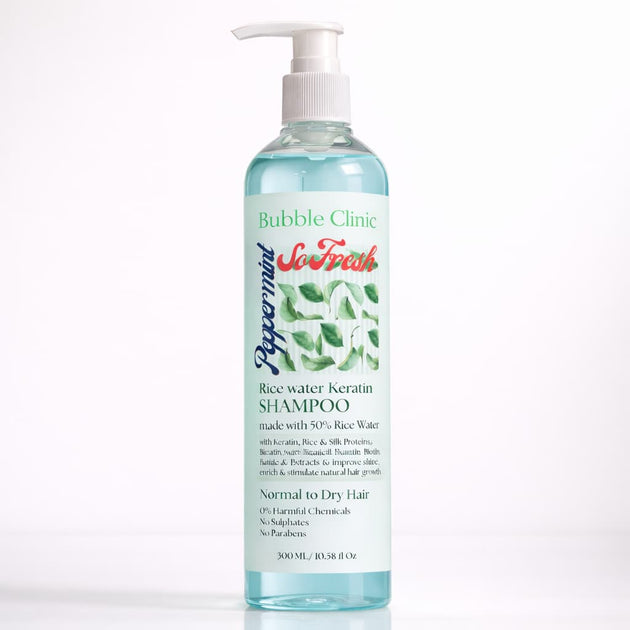 Bottle of Bubble Clinic Peppermint Rice Water Keratin Shampoo on a white background representing best ausralian made keratin rice water shampoo sulfate free.