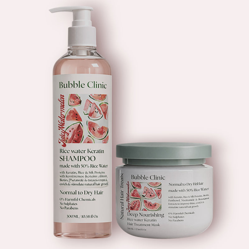 Watermelon Rice Water + Keratin Shampoo and Hair Mask set on a light background.