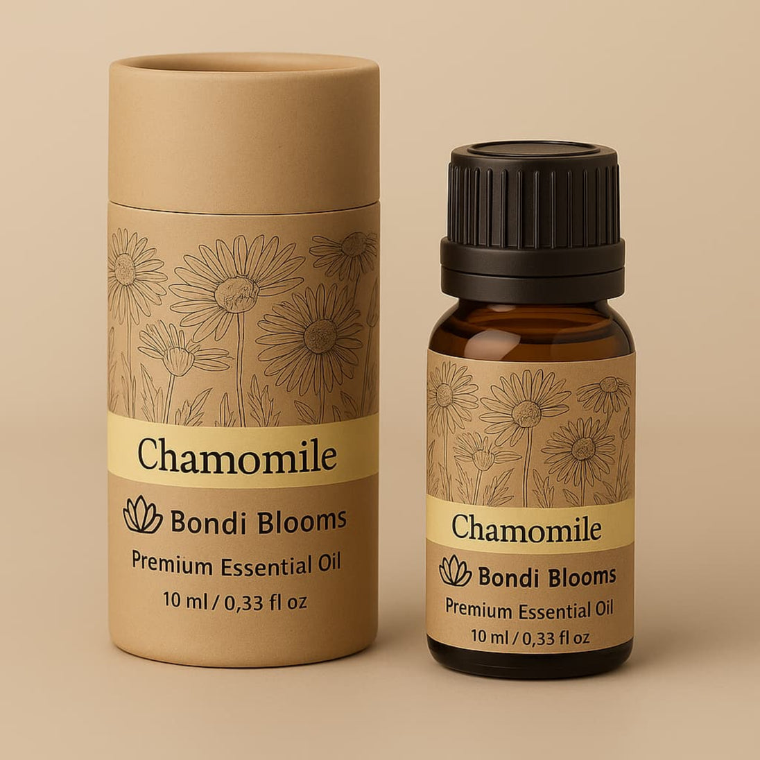 container and bottle of pure Roman Chamomile Essential Oil on a beige background representing best pure premium essential oils Australia. 