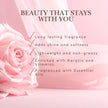 Pink rose with text about benefits of rose silk hair perfume mist - long lasting rose fragrance for hair, adds shine and softness to hair, lightweight beautiful rose hair perfume australia