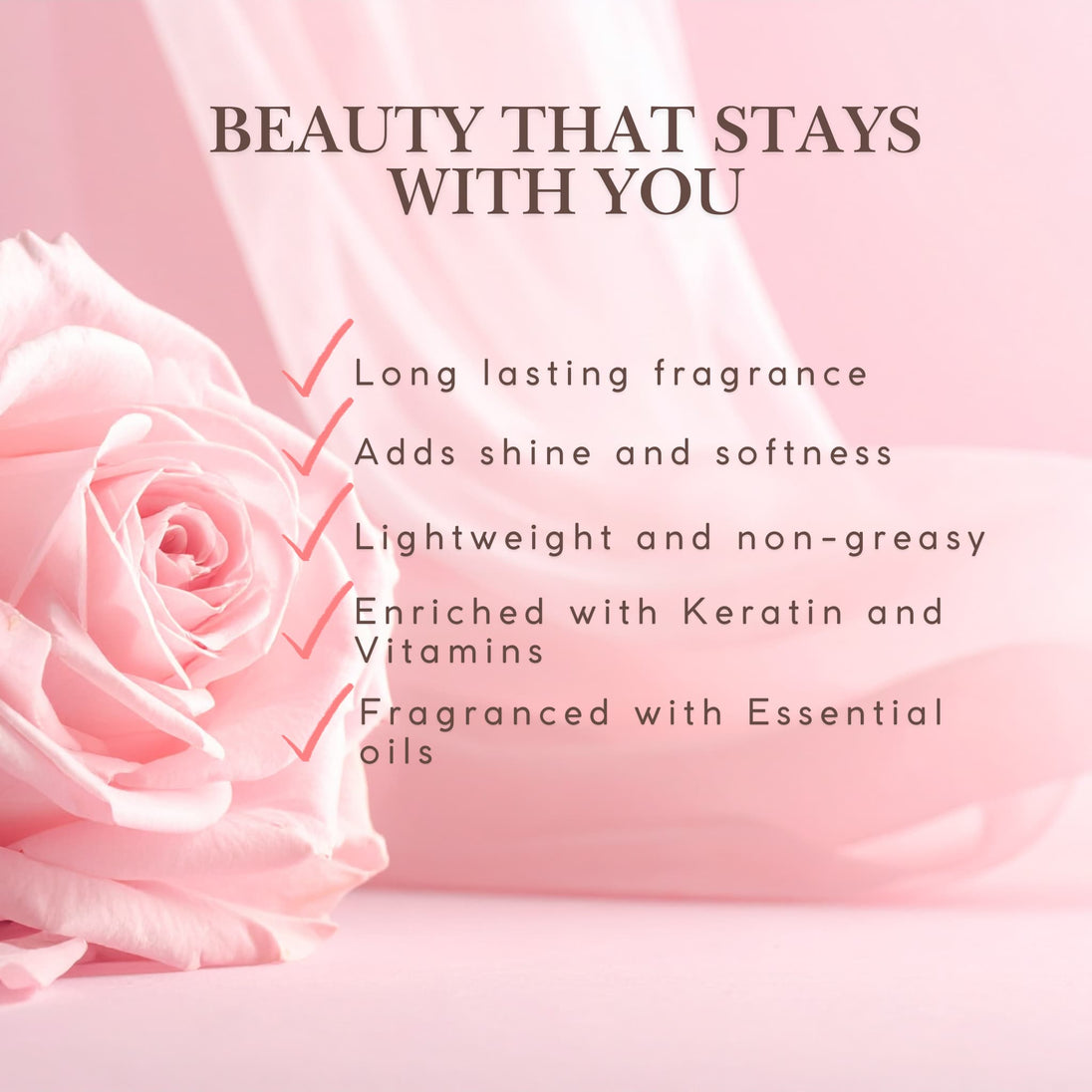 Pink rose with text about benefits of rose silk hair perfume mist - long lasting rose fragrance for hair, adds shine and softness to hair, lightweight beautiful rose hair perfume australia