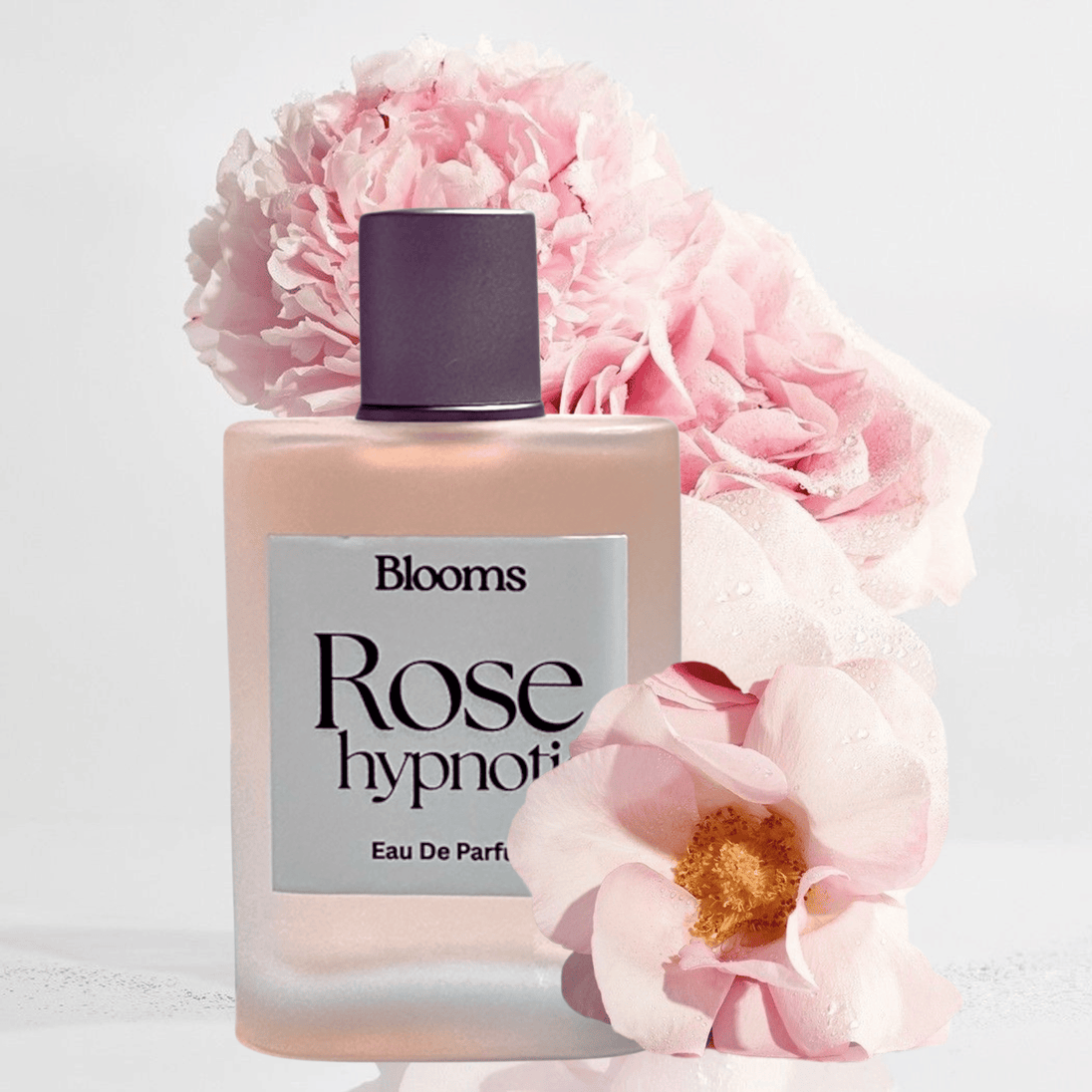 Perfume bottle labeled 'Rose Hypnotic' with pink roses on a light background representing Australian fine fragrances with pure premium essential oils