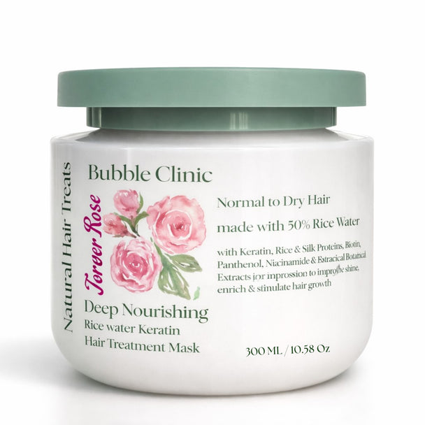 Rose, keratin, rice water, biotin Hair treatment mask jar with floral design and text on a white background representing best Australian made natural haircare sulfate and parabens free.