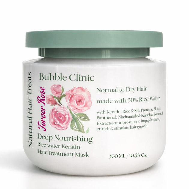 Rose, keratin, rice water, biotin Hair treatment mask jar with floral design and text on a white background representing best Australian made natural haircare sulfate and parabens free.