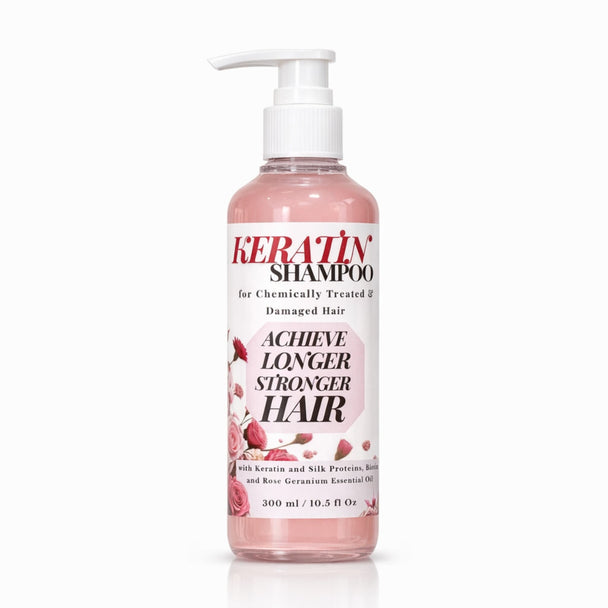 Keratin shampoo with rose essential oil for chemically treated hair bottle with pump on a white background representing best natural and sulfate free Australian made shampoo