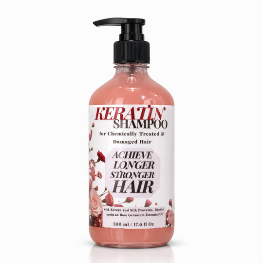 Keratin shampoo with rose essential oil for chemically treated hair bottle with pump on a white background representing best natural and sulfate free Australian made shampoo