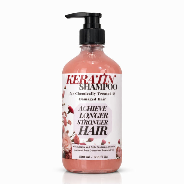 Keratin shampoo with rose essential oil for chemically treated hair bottle with pump on a white background representing best natural and sulfate free Australian made shampoo
