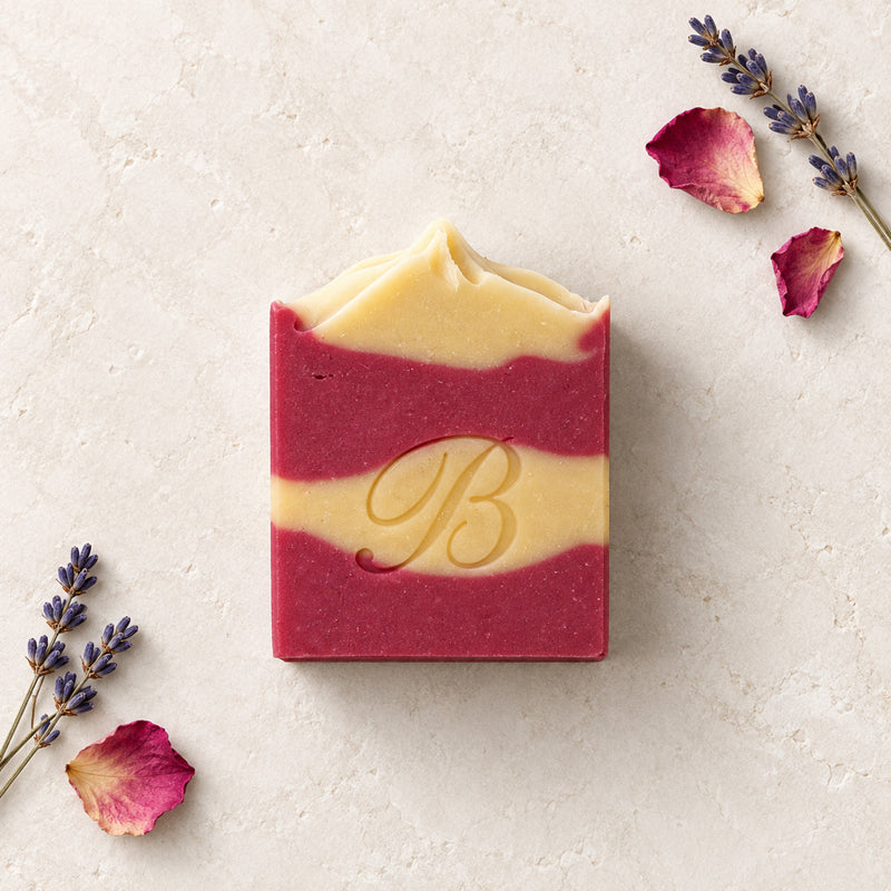 Rose and lavender soap bar with Bulgarian rose petals and lavender sprigs
