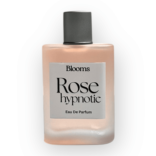 Perfume bottle labeled 'Rose Hypnotic' by Blooms on a white background representing Australian Fine Perfume with essential oils