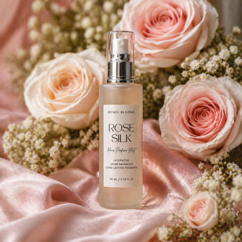 Bottle of 'Rose Silk' hair product surrounded by pink roses on a pink fabric background