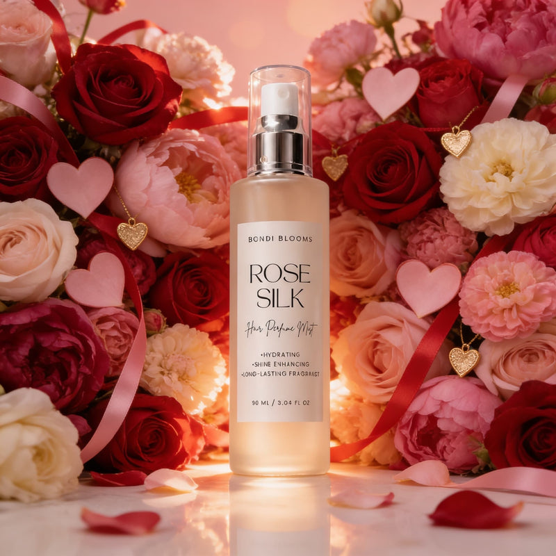 Bottle of Bondi Blooms Rose Silk hair perfume mist surrounded by roses and heart decorations.