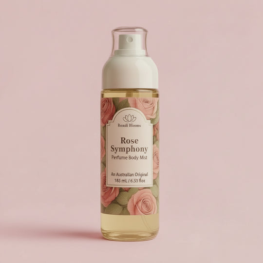 Rose Symphony perfume body mist bottle with floral design on label on beige background representing Australian Original Rose Perfume body and hair mist.