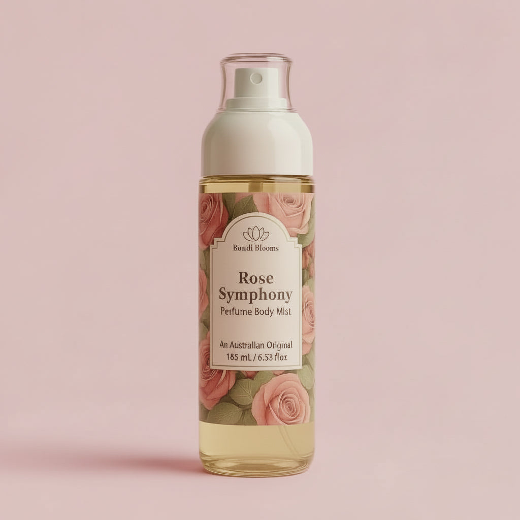 Rose Symphony perfume body mist bottle with floral design on label on beige background representing Australian Original Rose Perfume body and hair mist.
