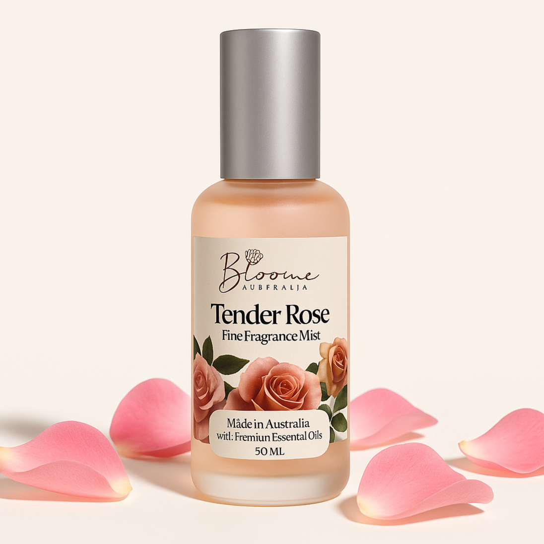 Bottle of smaller Blooms Australia Tender Rose perfume Fine Fragrance Mist with pink rose petals on a light beige background representing natural australian perfumes and fragrances