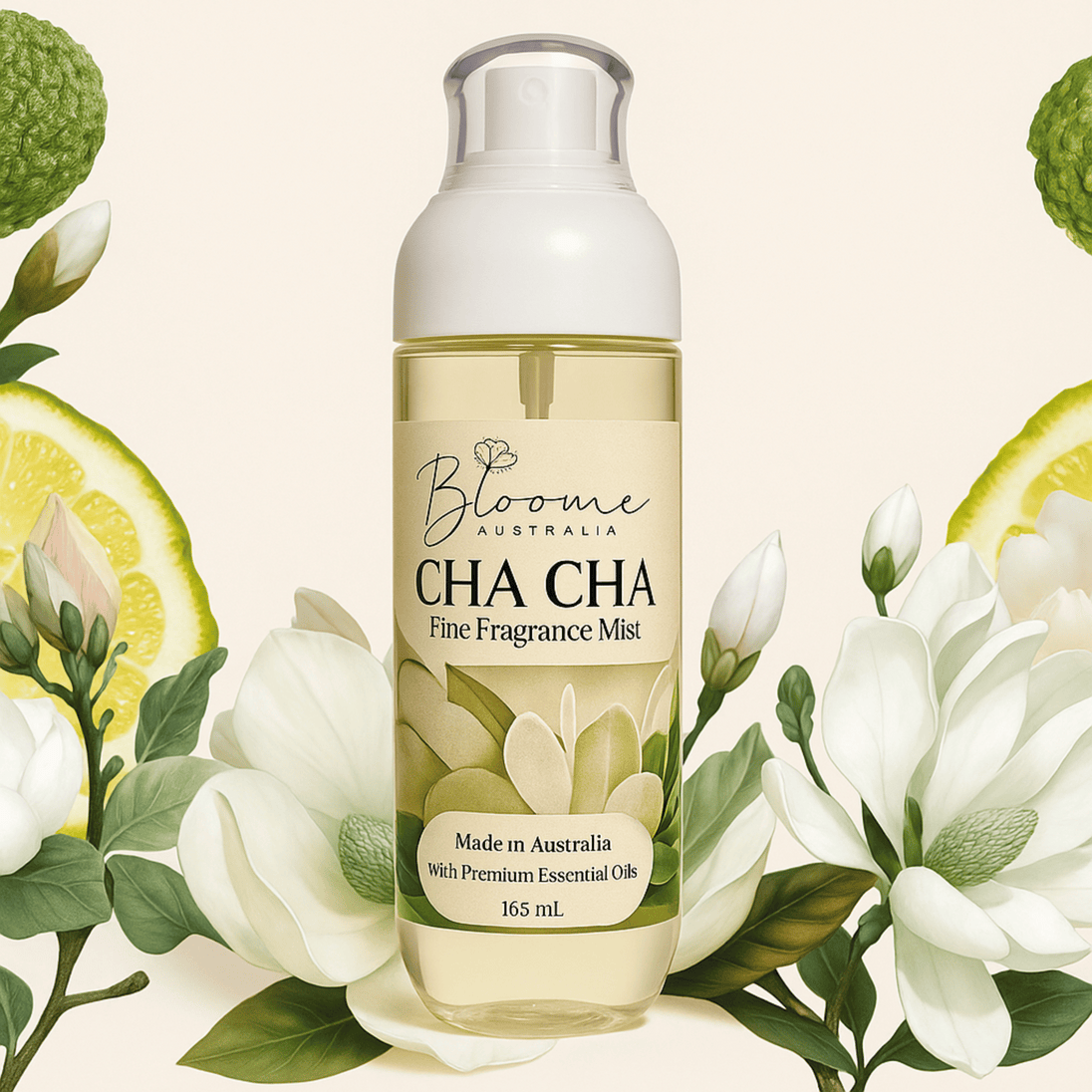 Translucent fine fragrance mist bottle with floral label against a background with florals, citrus, botanicals highlighting fragrance notes and natural ingredients. 