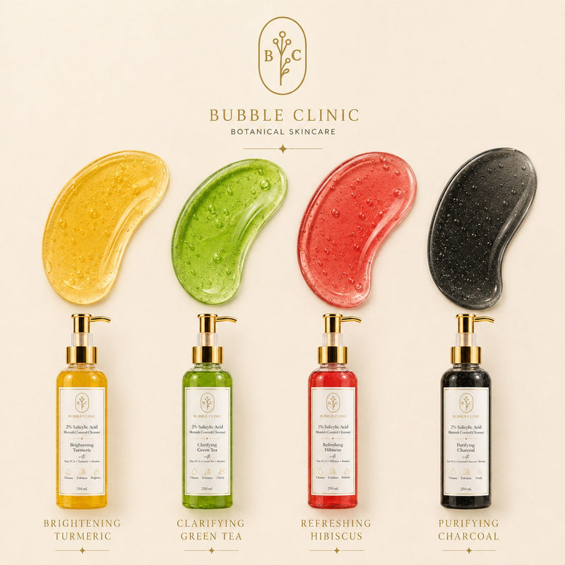 Salicylic acid cleanser and BHA jelly cleanser textures in turmeric, green tea, hibiscus and charcoal formulas for oily congested skin