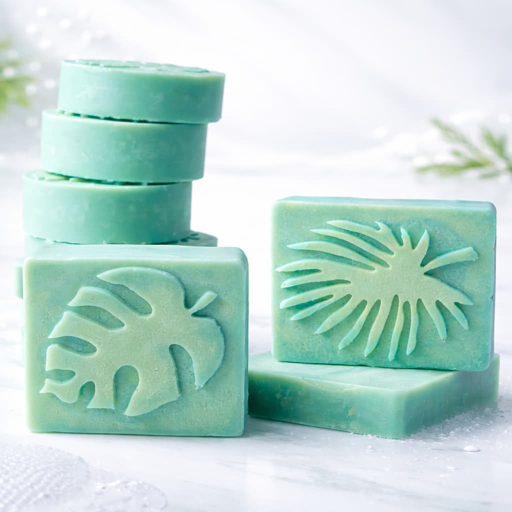 green solid cleanser bars with sulfur and salicylic acid for blemishes stacked on a white background representing best cleansing bars for acne. 