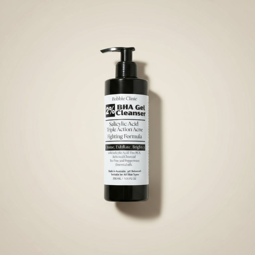 BHA charcoal Gel Cleanser with tea tree bottle on a beige background representing best deep pore cleanser with salicylic acid.