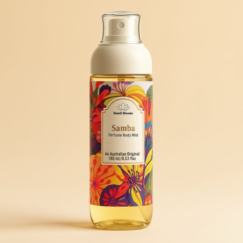 Samba perfume body mist bottle with colorful floral, fruity design on a soft orange background representing best fruity floral body and hair perfume australian made. 