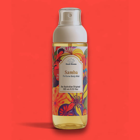 Samba fruity floral perfume body mist bottle with colorful floral design on a red background representing best australian original perfume body and hair mists. 