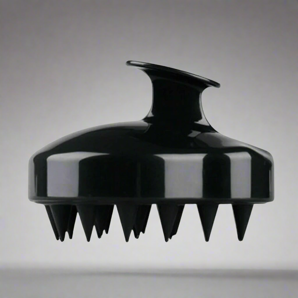 Black silicone soft scalp massager on a gray background