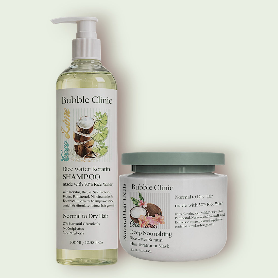 Bubble Clinic keratin rice water shampoo and mask on a light background representing best australian haircare sulfate free