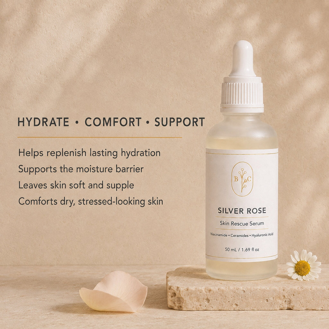 Bubble Clinic Silver Rose Skin Rescue Serum in a frosted 50 mL dropper bottle  with listed hydration and moisture barrier benefits and styled with rose petals and daisies on a warm neutral background.