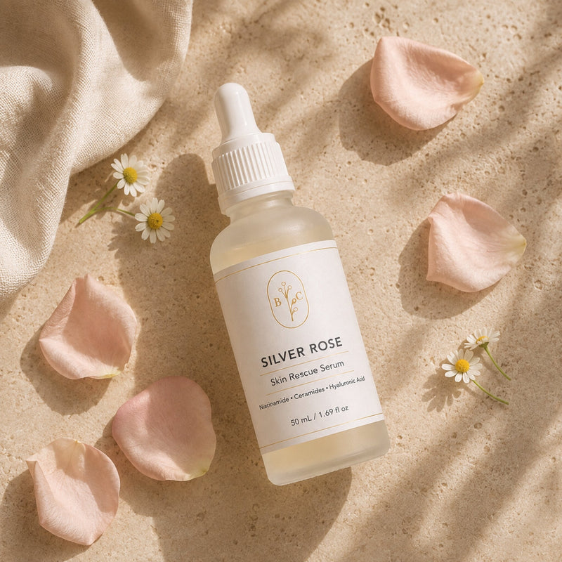 Silver Rose Skin Rescue Serum flat lay with rose petals and chamomile on a warm beige background.