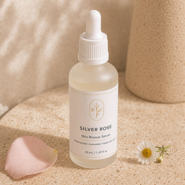 Silver Rose Skin Rescue Serum frosted bottle close-up with rose and chamomile