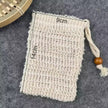 close up of natural organic sisal soap pouch with dimensions 